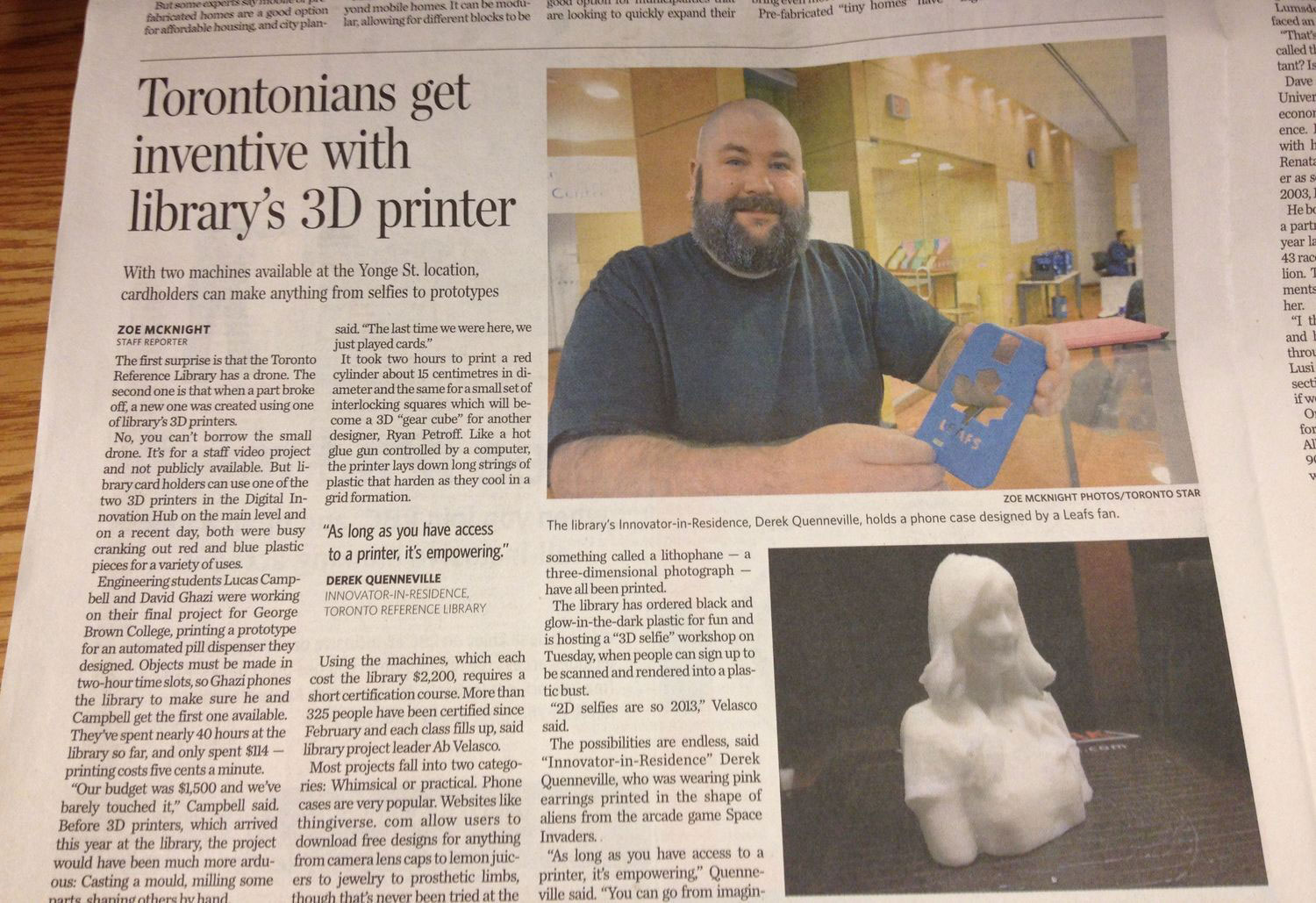 Toronto Star: From 3D selfies to prototypes, Toronto gets creative with library’s 3D printer